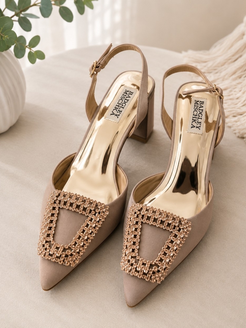 Badgley Mischka Taupe Pointed Toe Slingback Heels with Embellished Buckle
